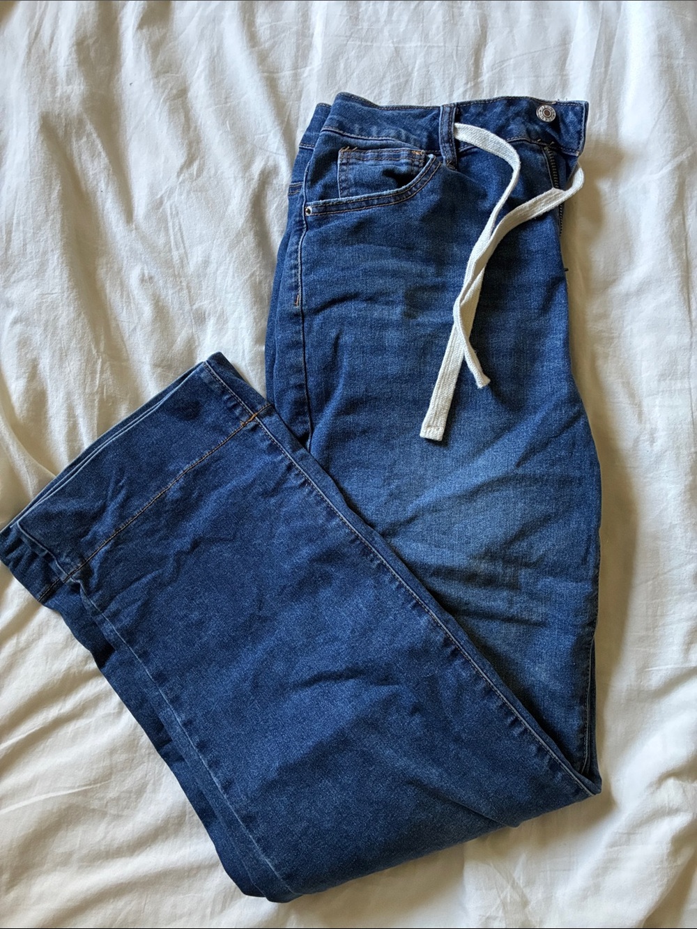 Women’s Dark Blue Denim Wide Leg Jeans with Drawstring Waist